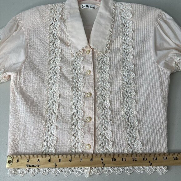 Ben Ma Shien Pink Lace Pintuck Shirt Blouse Button up S M Retro Tuxedo - Picture 11 of 13